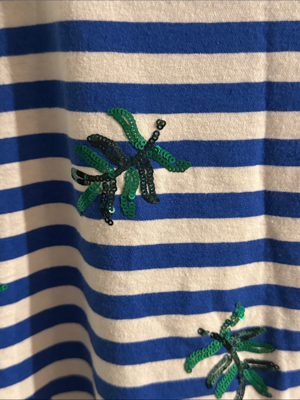 J.Crew Striped Blue and White with Green Palm Sequins Embroidered Racerback Tank - Picture 3 of 8